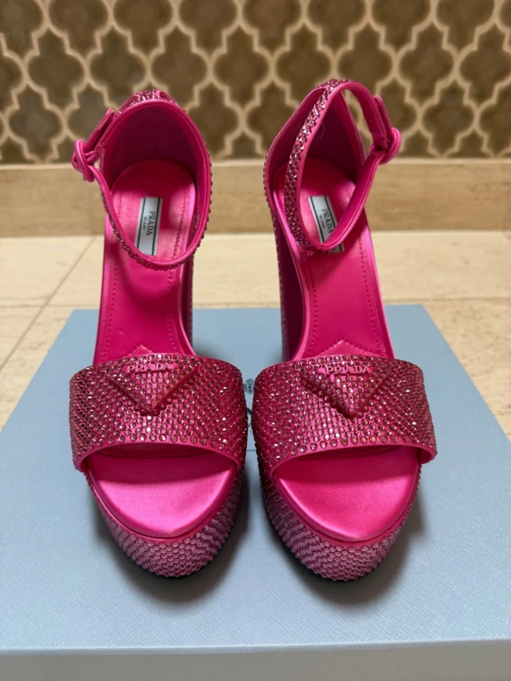 NWT!! PRADA Hot Pink Crystal-Embellished 135mm Platform Sandals